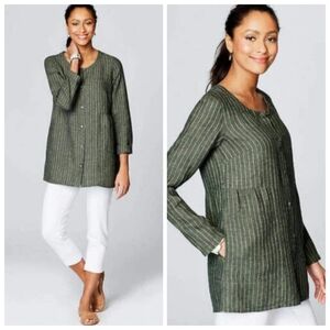 Pure Jill Linen Women's 3X Pinstripe Button Down Tunic Top Green Gray W/ Pockets